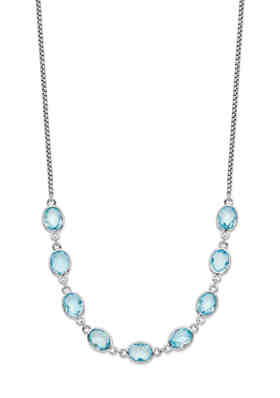 18-Inch Rhodium Plated Necklace with 6mm Aqua Birthstone Beads and Sterling Silver Our Lady of Grapes Charm.