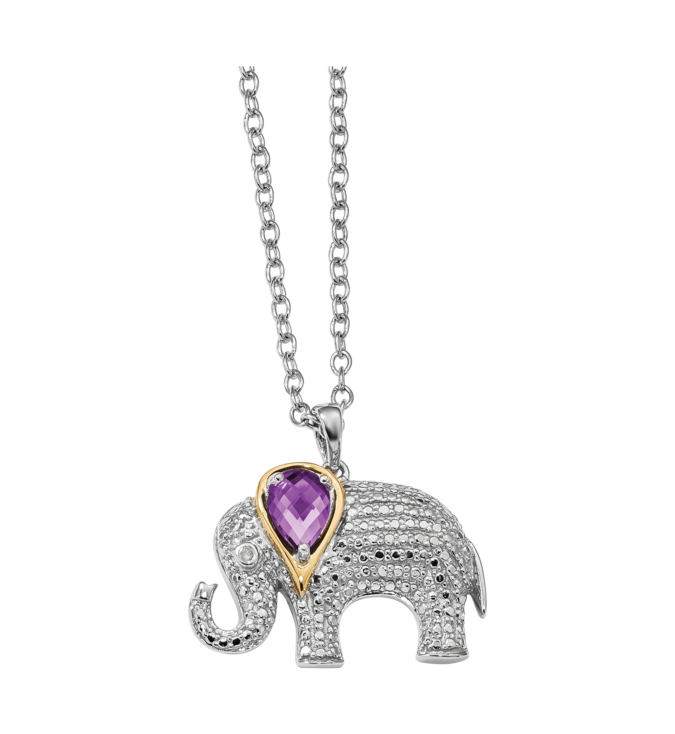 1 ct. t.w. Amethyst and 1/10 ct. t.w. Diamond Elephant 17-Inch Necklace in Sterling Silver and 14K Gold Accent