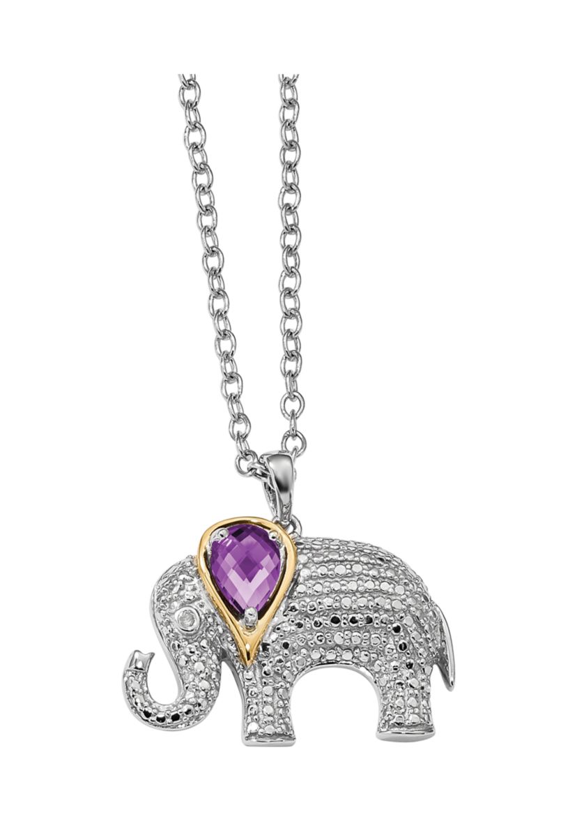 1 ct. t.w. Amethyst and 1/10 ct. t.w. Diamond Elephant 17-Inch Necklace in Sterling Silver and 14K Gold Accent