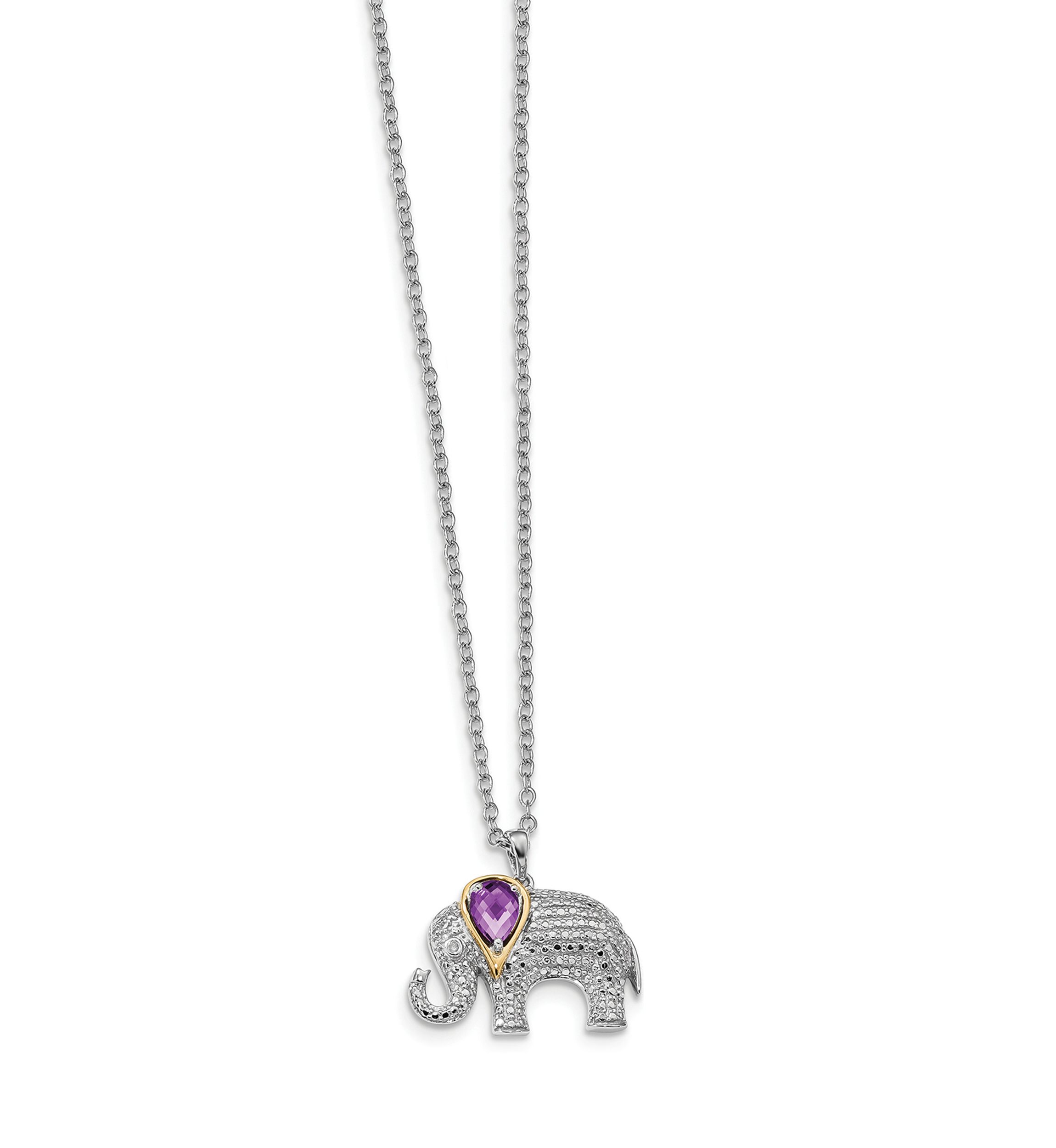 1 ct. t.w. Amethyst and 1/10 ct. t.w. Diamond Elephant 17-Inch Necklace in Sterling Silver and 14K Gold Accent