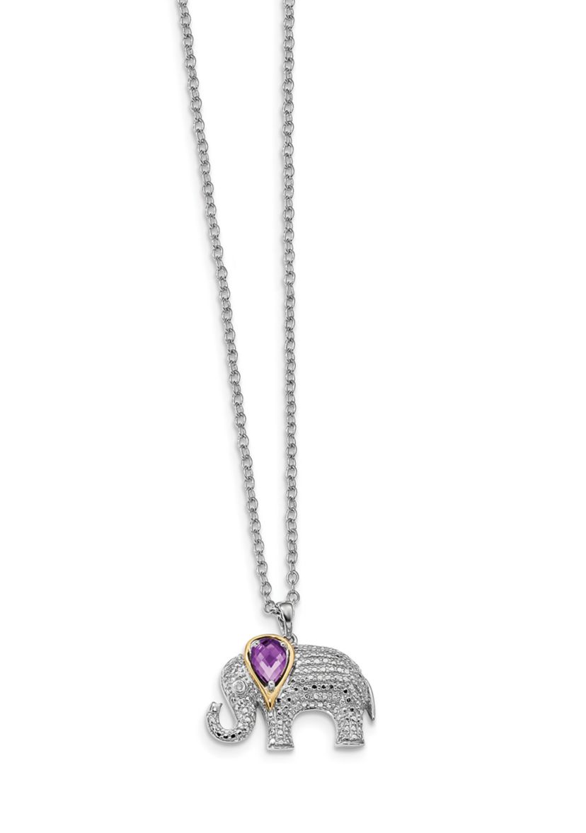 1 ct. t.w. Amethyst and 1/10 ct. t.w. Diamond Elephant 17-Inch Necklace in Sterling Silver and 14K Gold Accent