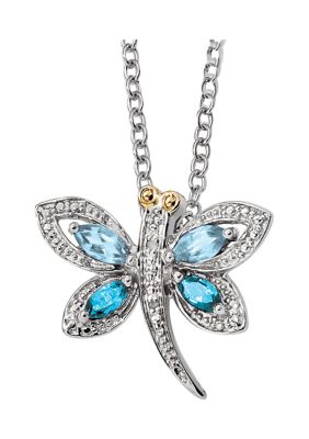 1/2 ct. t.w. Light Blue Topaz, London Blue Topaz and 1/10 ct. t.w. Diamond Dragonfly 17-Inch Necklace in Sterling Silver and 14K Gold Accent