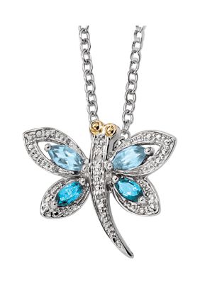 1/2 Ct. T.w. Light Blue Topaz, London Blue Topaz And 1/10 Ct. T.w. Diamond Dragonfly 17-Inch Necklace In Sterling Silver And 14K Gold Accent -  Belk & Co
