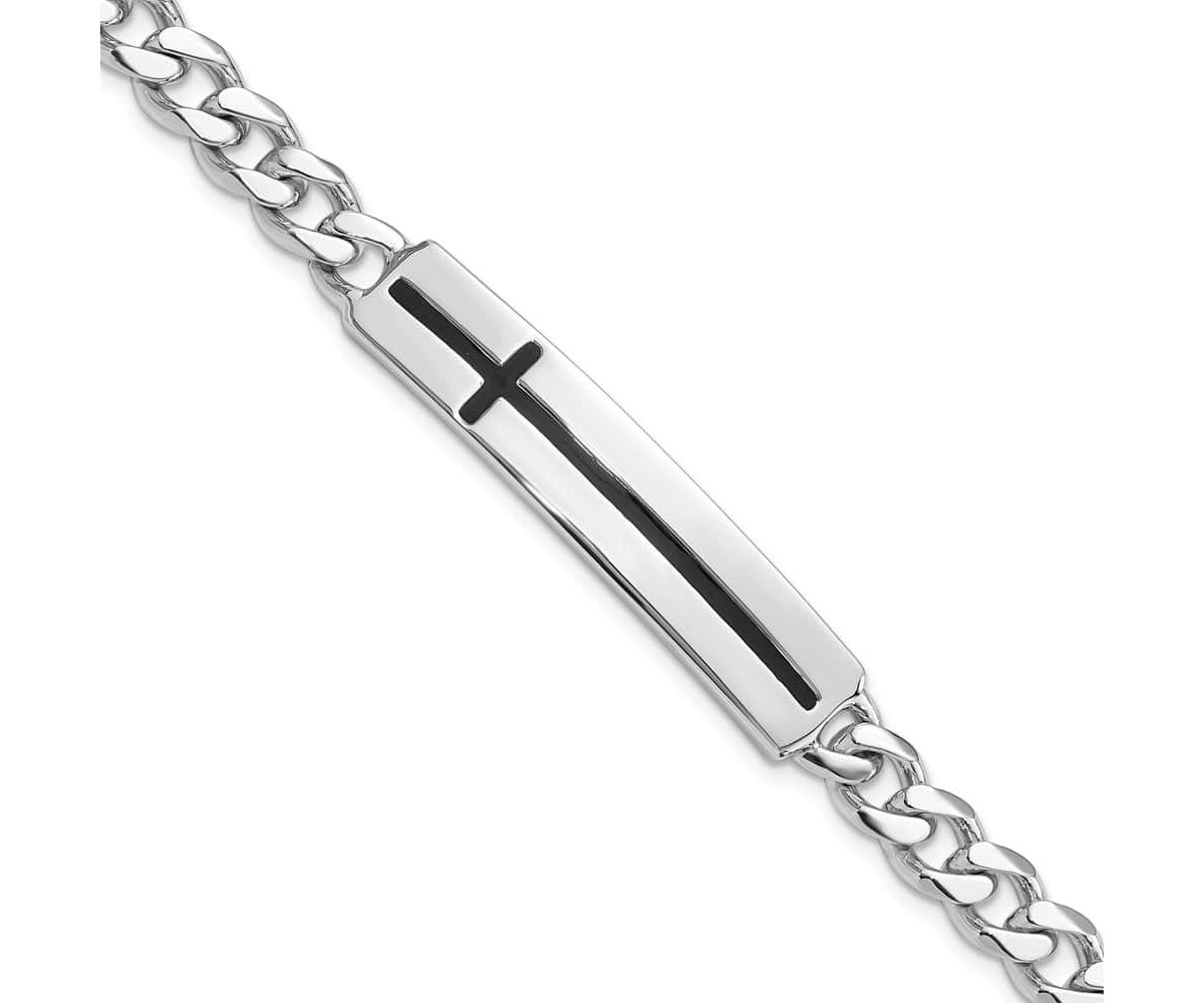 Sterling Silver Rhodium-plated Enameled Cross on Bar Mens 8-inch Bracelet