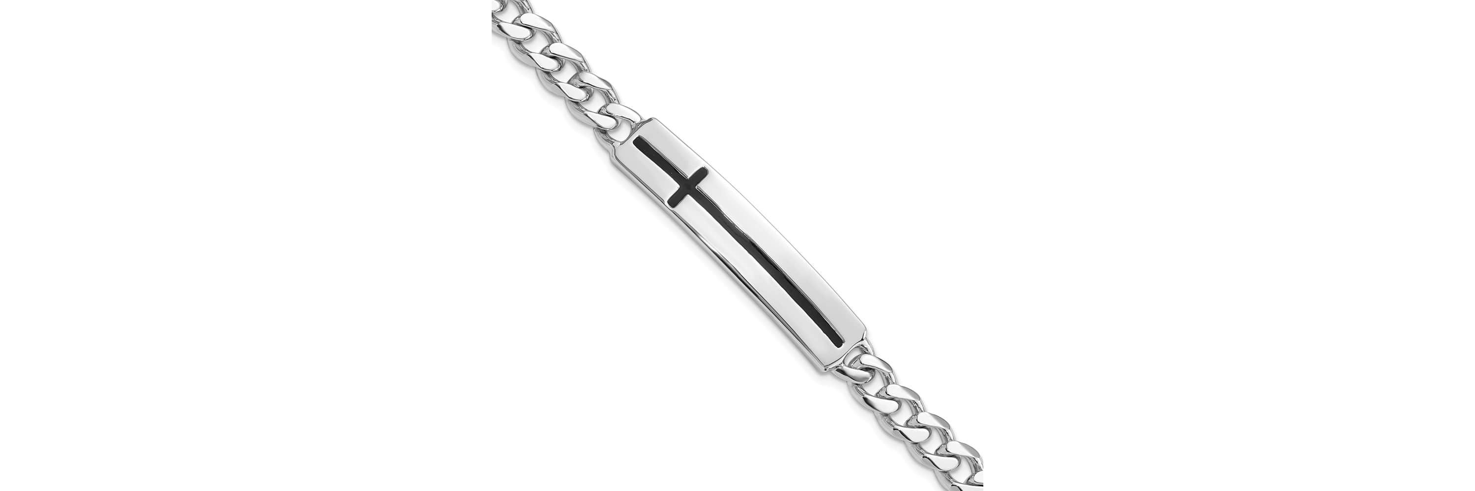 Sterling Silver Rhodium-plated Enameled Cross on Bar Mens 8-inch Bracelet