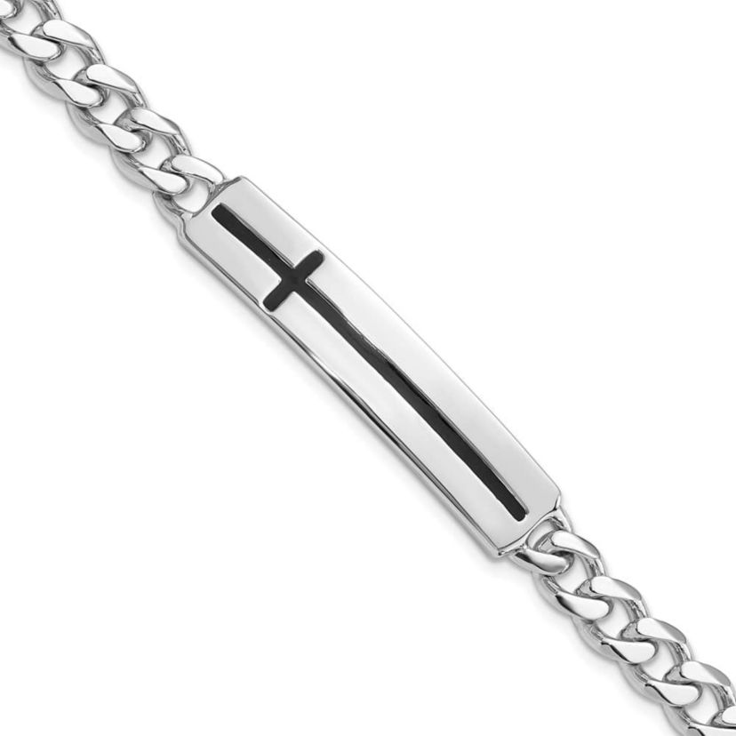 Sterling Silver Rhodium-plated Enameled Cross on Bar Mens 8-inch Bracelet