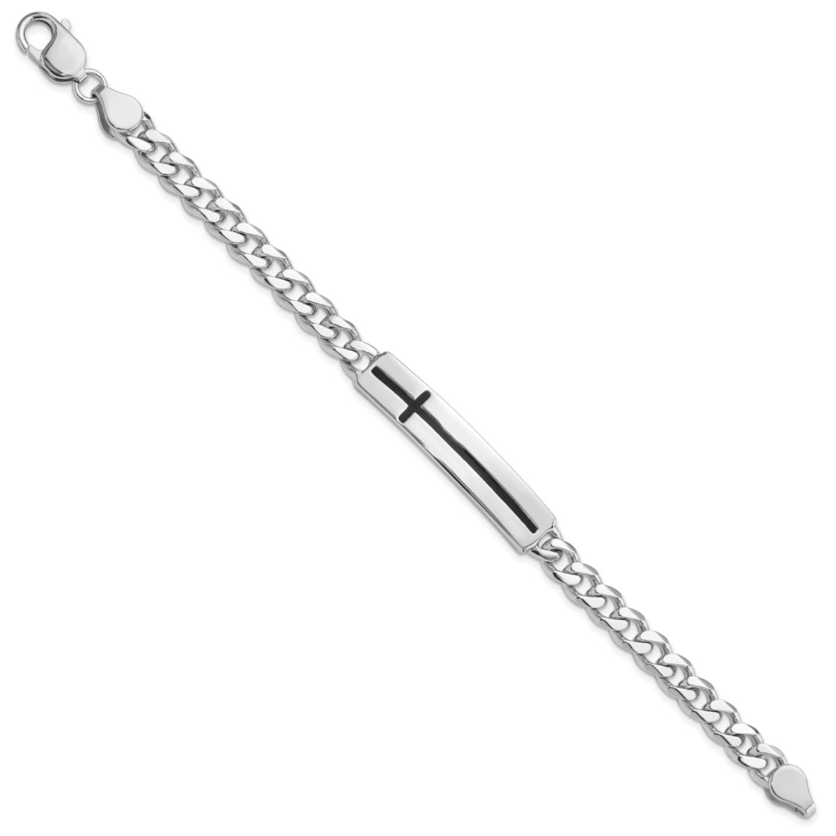Sterling Silver Rhodium-plated Enameled Cross on Bar Mens 8-inch Bracelet