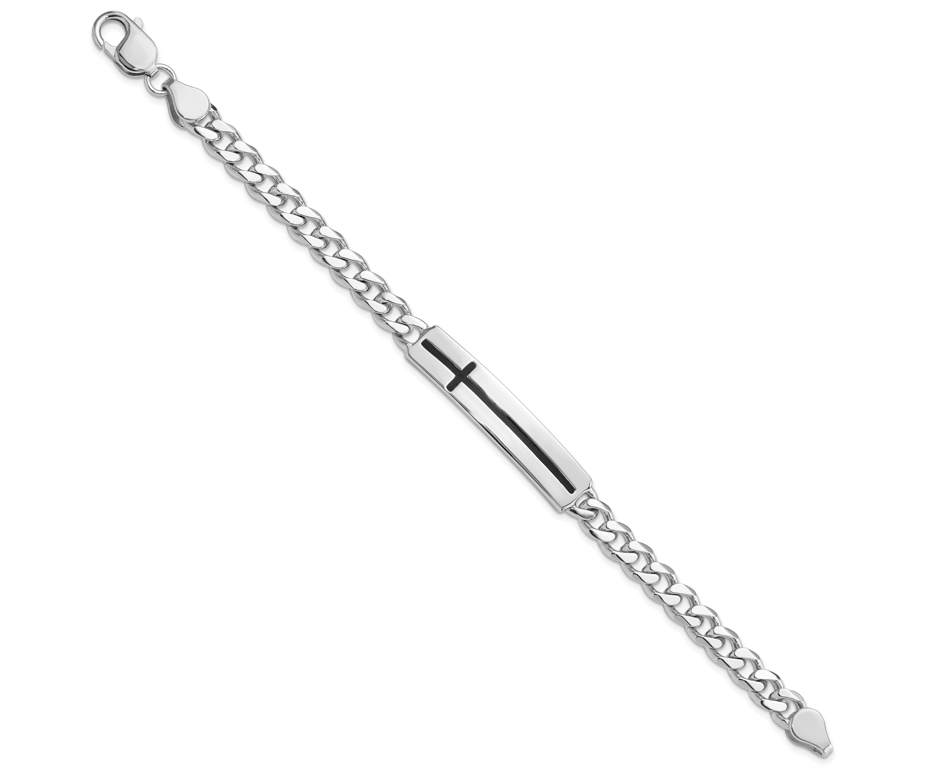 Sterling Silver Rhodium-plated Enameled Cross on Bar Mens 8-inch Bracelet