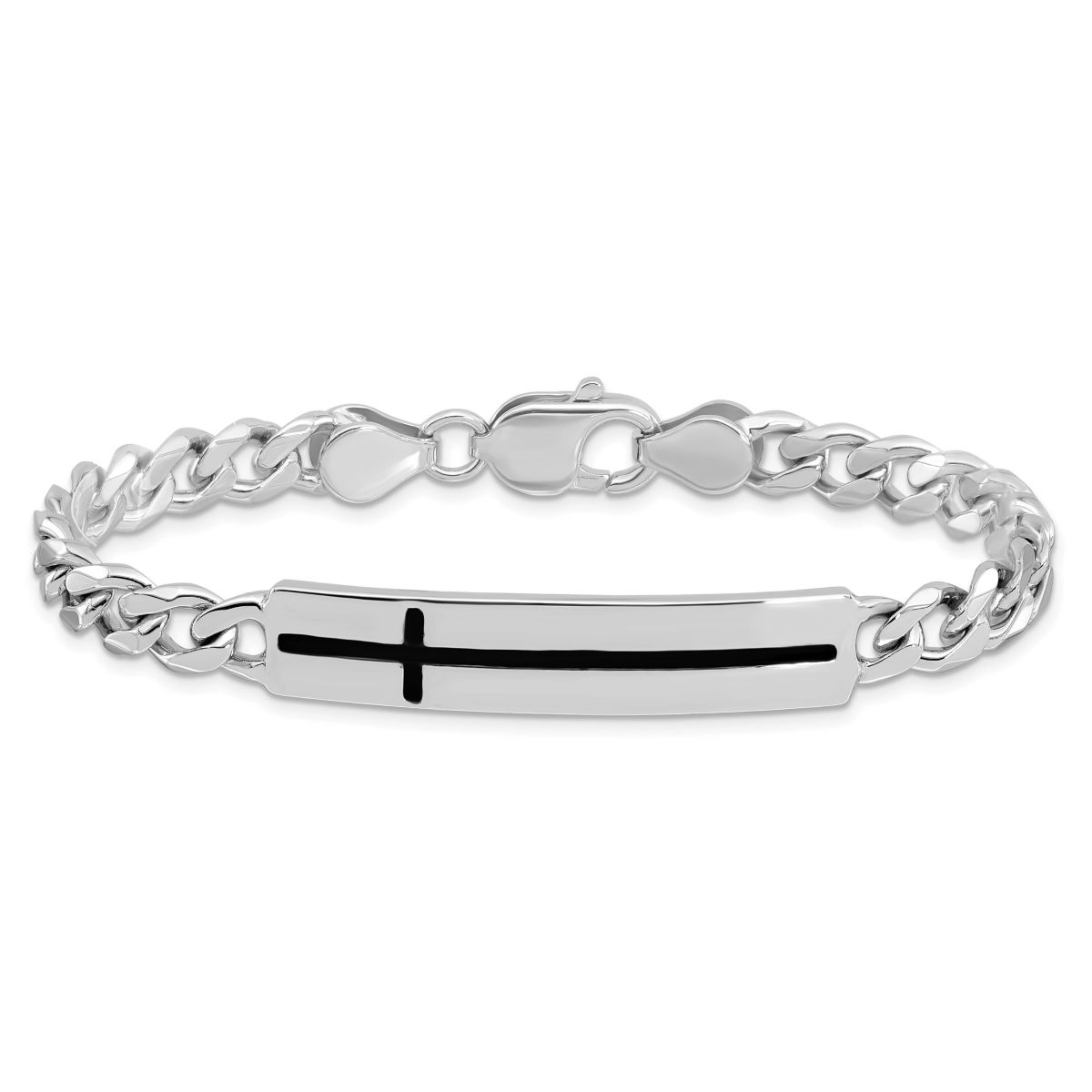 Sterling Silver Rhodium-plated Enameled Cross on Bar Mens 8-inch Bracelet