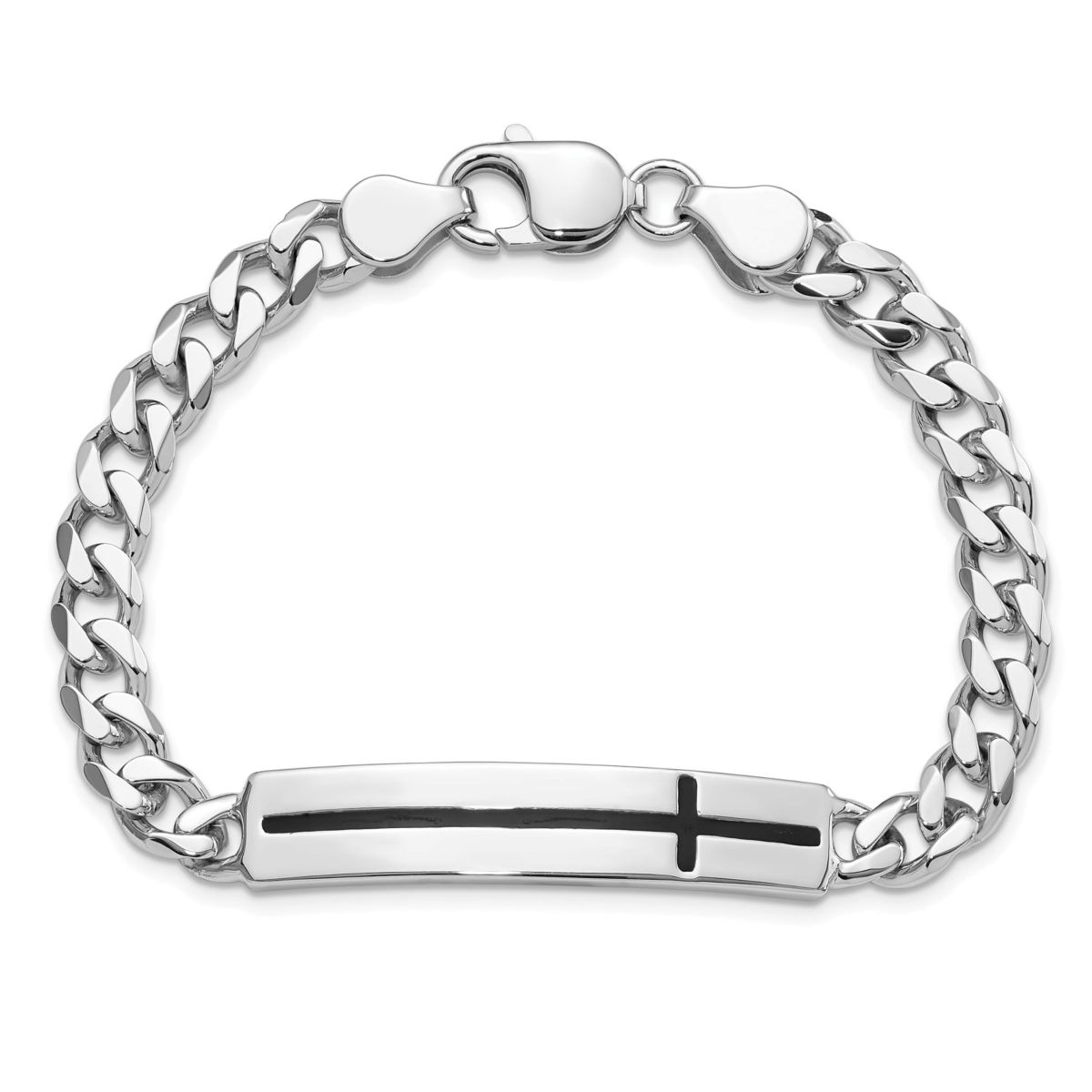 Sterling Silver Rhodium-plated Enameled Cross on Bar Mens 8-inch Bracelet