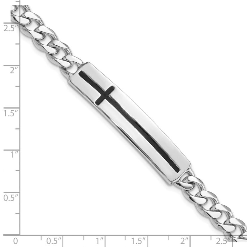 Sterling Silver Rhodium-plated Enameled Cross on Bar Mens 8-inch Bracelet