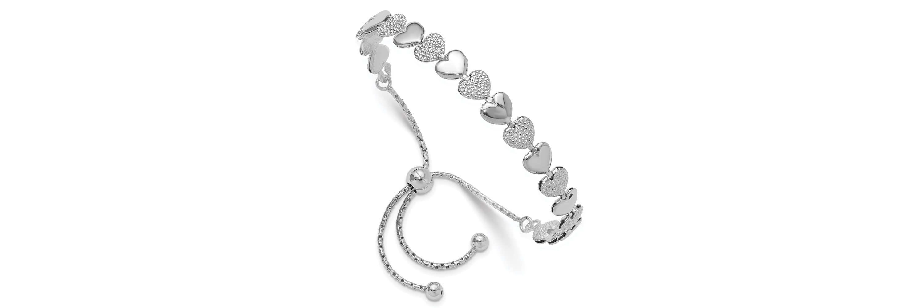 Sterling Silver Rhodium-plated Adjustable Bolo Hearts Bracelet