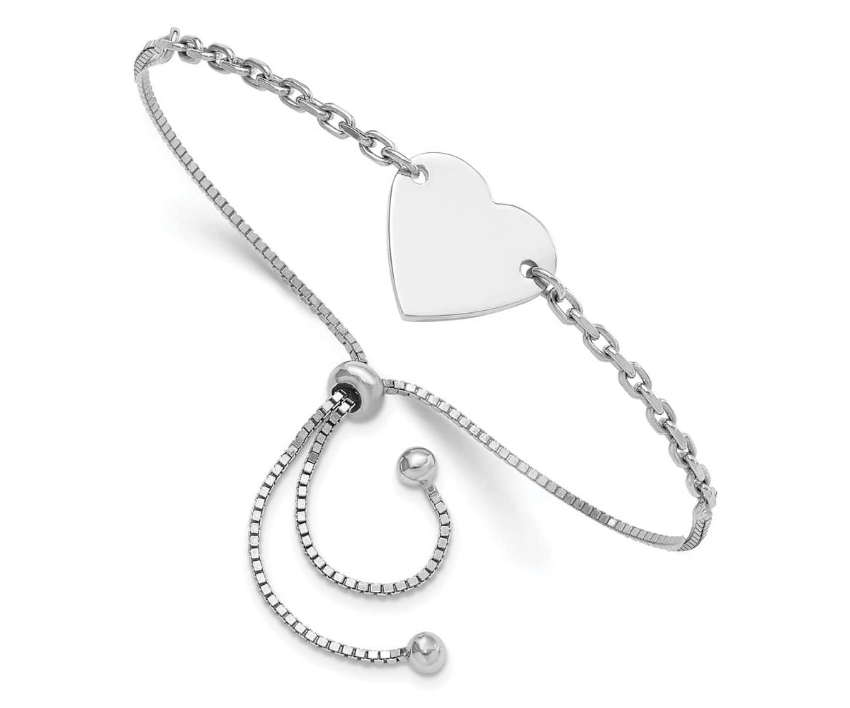 Sterling Silver Rhodium-plated Polished Heart Disc Adjustable Bracelet