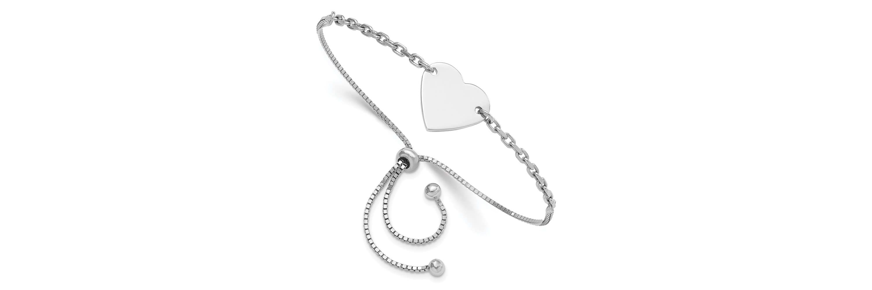 Sterling Silver Rhodium-plated Polished Heart Disc Adjustable Bracelet