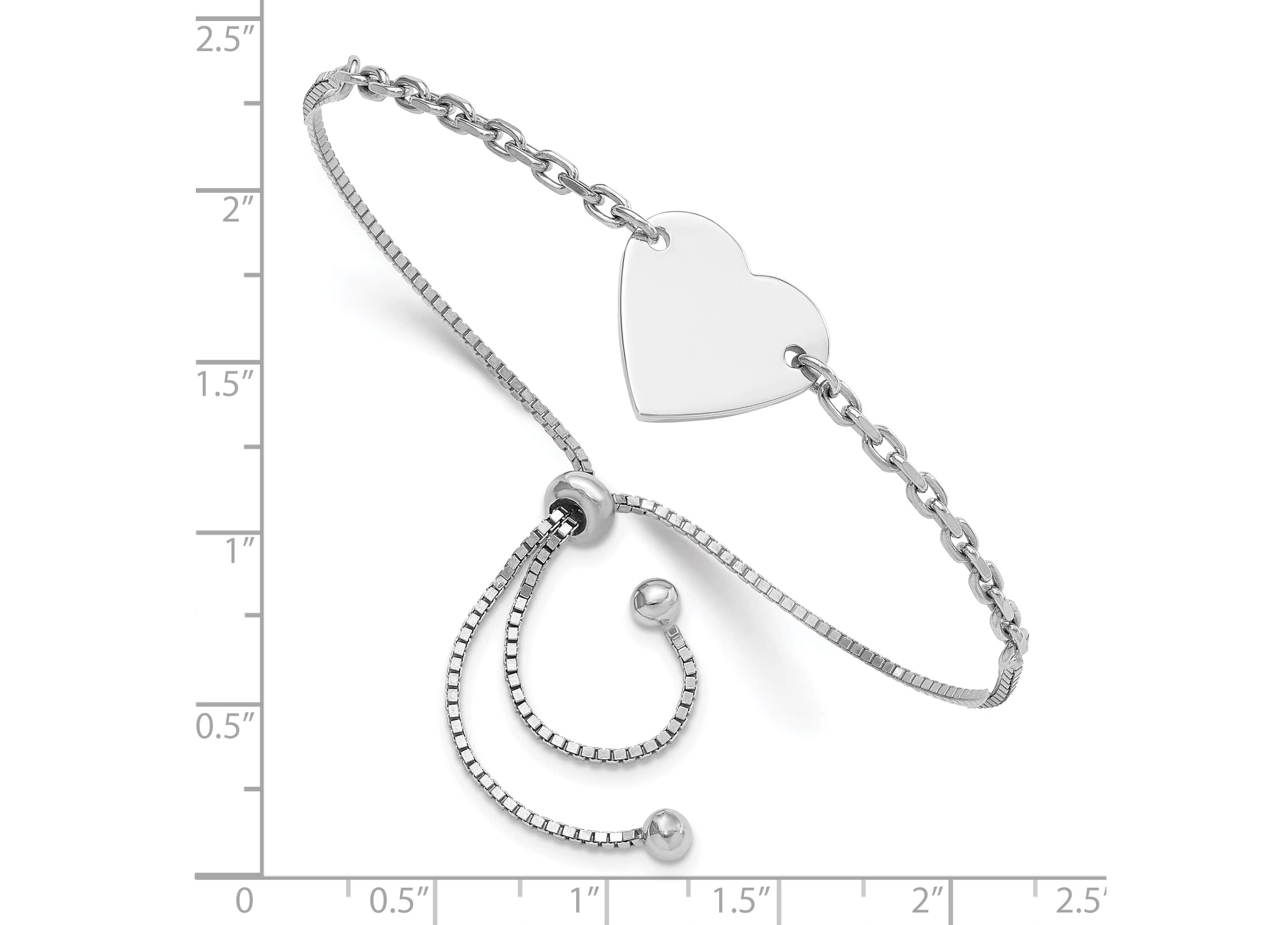 Sterling Silver Rhodium-plated Polished Heart Disc Adjustable Bracelet