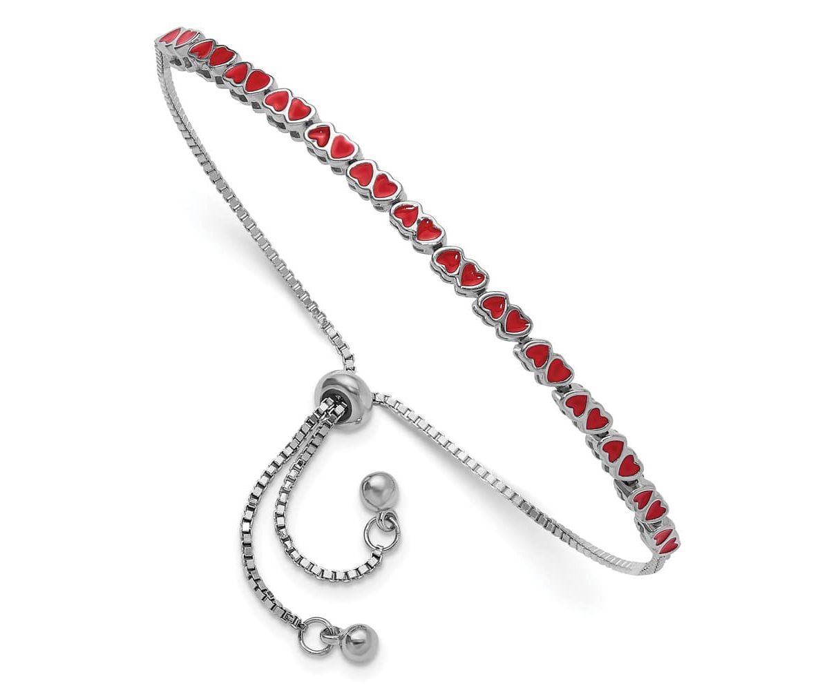 Sterling Silver Rhodium-plated Enameled Hearts Adjustable Bracelet