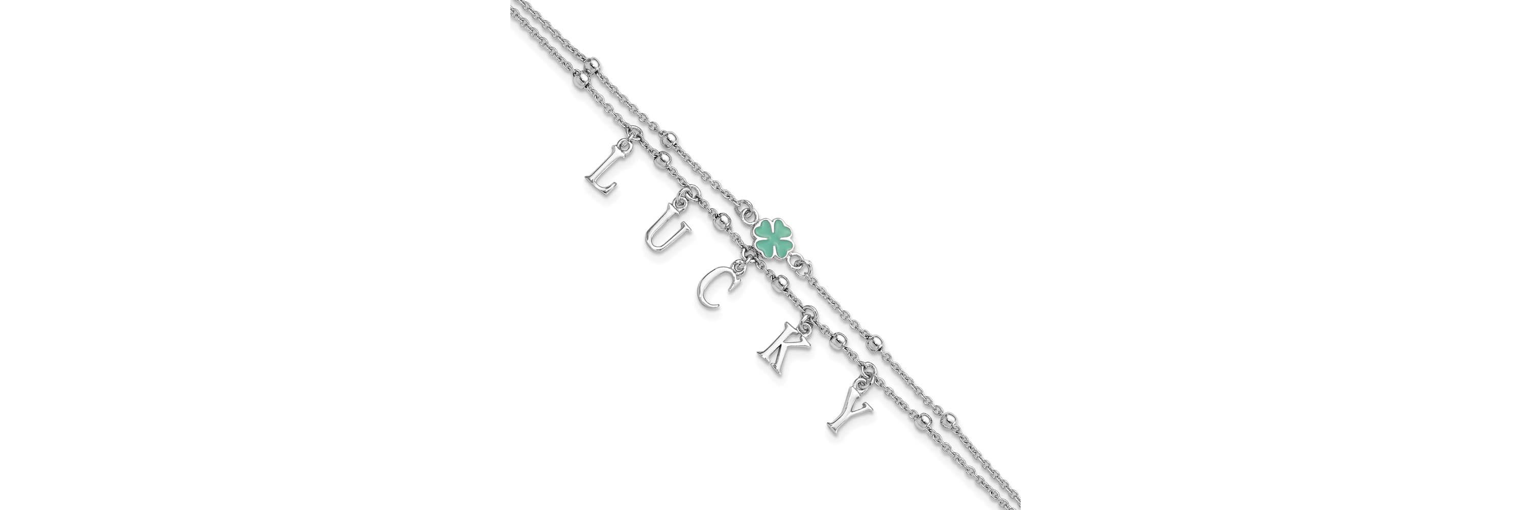 Sterling Silver Rhodium-plated Enamel Clover LUCKY 7.25-inch with 1-inch Extender Bracelet