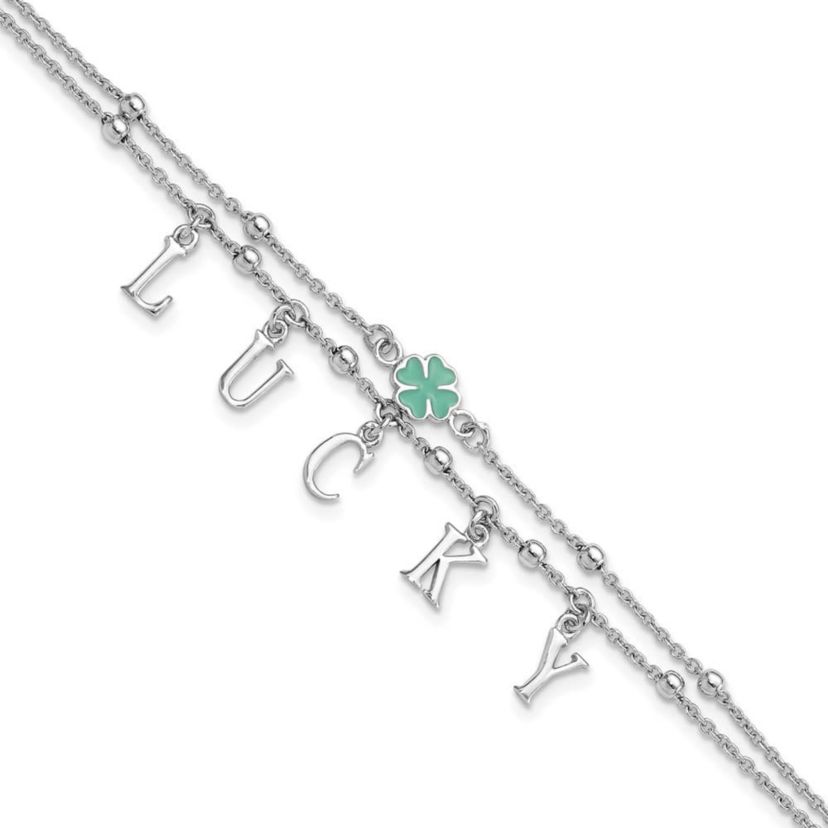 Sterling Silver Rhodium-plated Enamel Clover LUCKY 7.25-inch with 1-inch Extender Bracelet