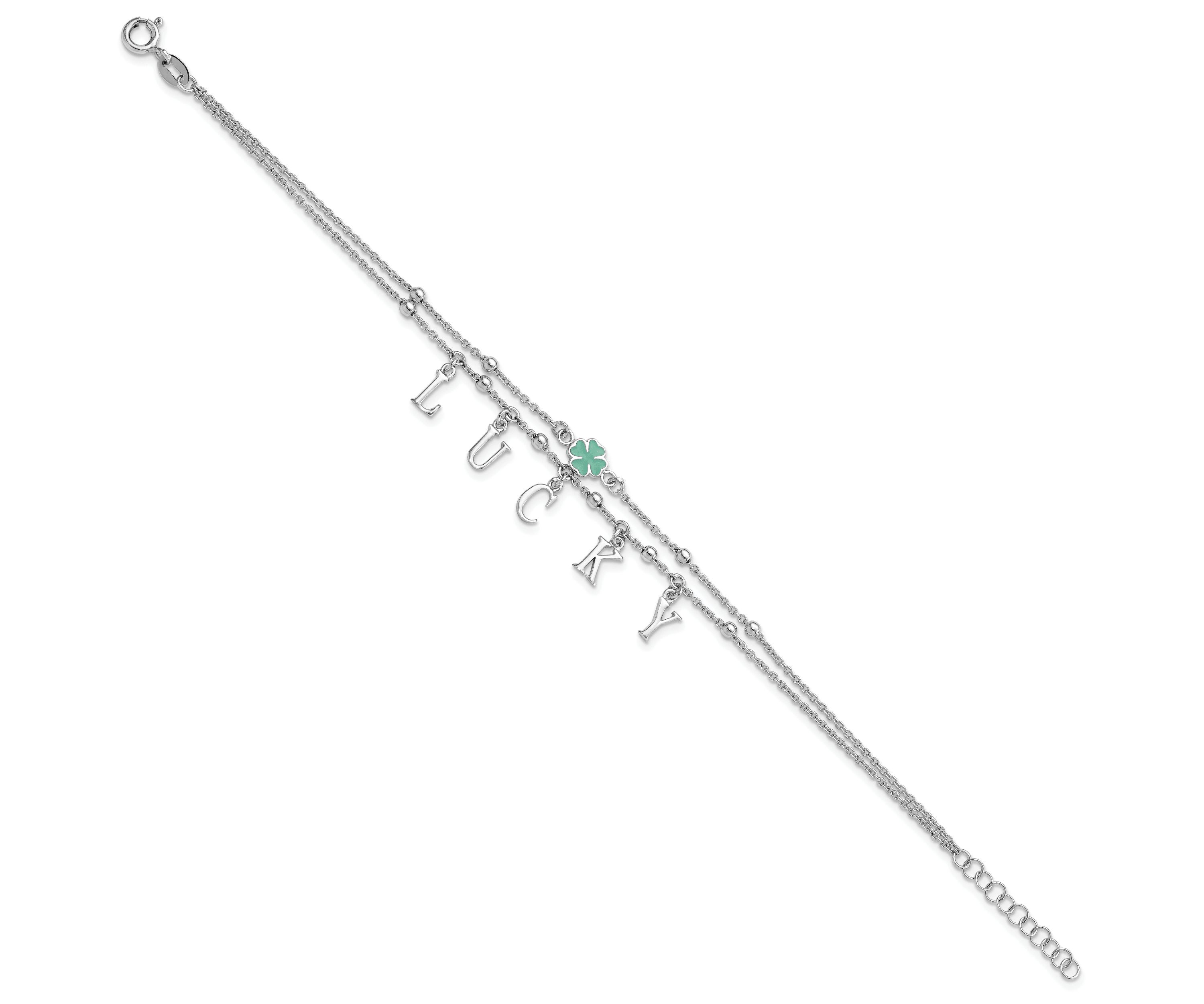 Sterling Silver Rhodium-plated Enamel Clover LUCKY 7.25-inch with 1-inch Extender Bracelet