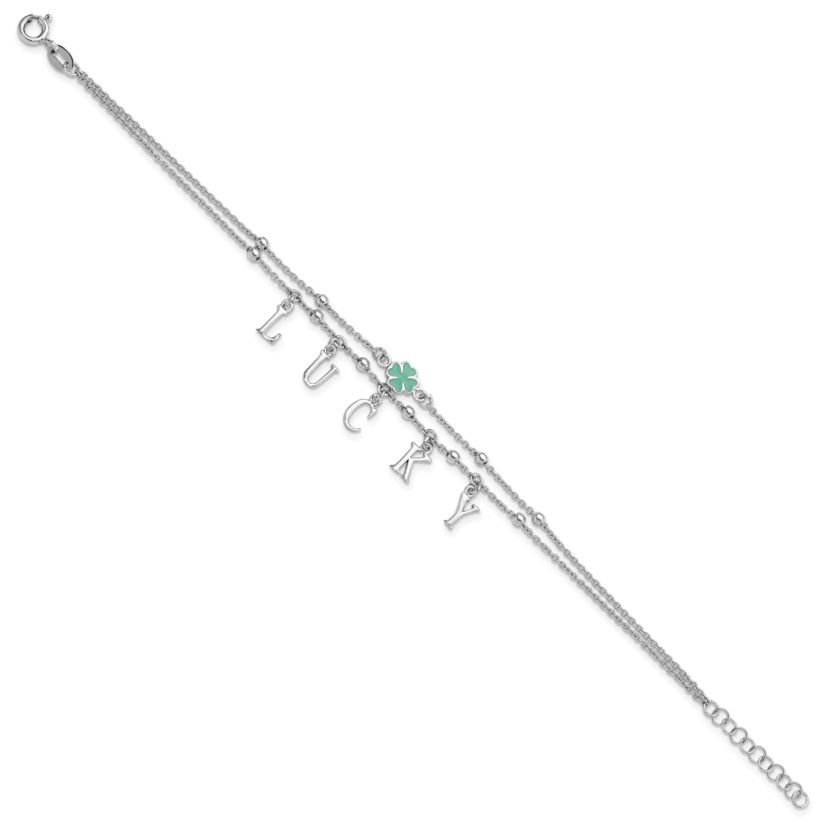 Sterling Silver Rhodium-plated Enamel Clover LUCKY 7.25-inch with 1-inch Extender Bracelet