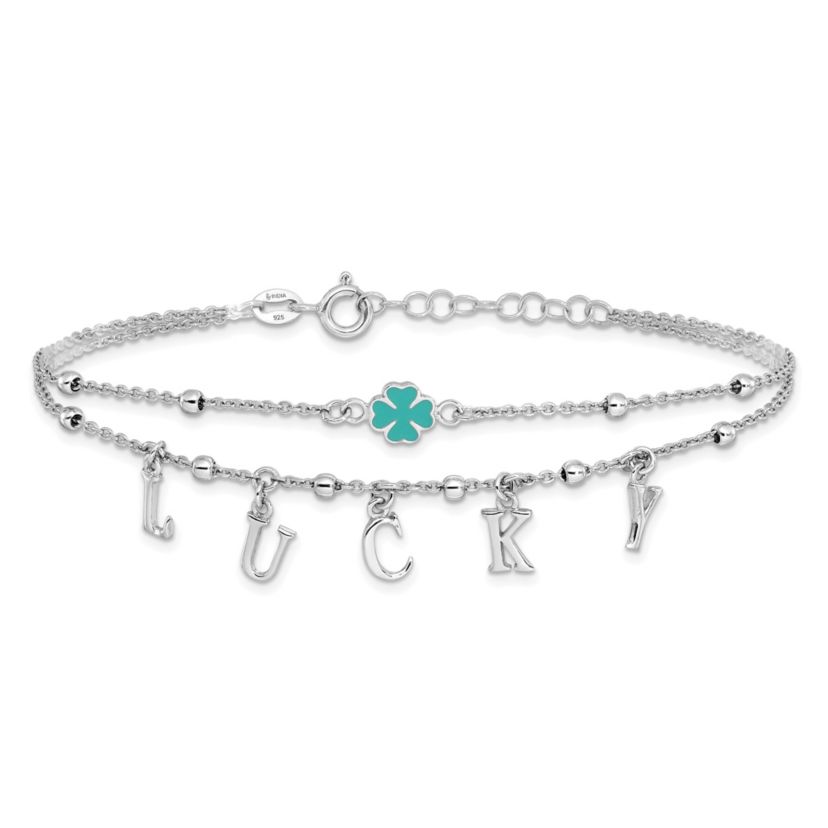 Sterling Silver Rhodium-plated Enamel Clover LUCKY 7.25-inch with 1-inch Extender Bracelet