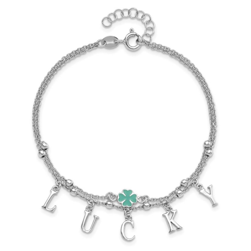Sterling Silver Rhodium-plated Enamel Clover LUCKY 7.25-inch with 1-inch Extender Bracelet