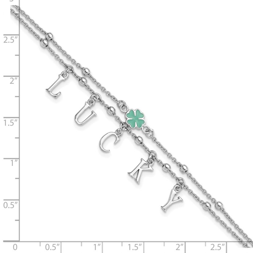 Sterling Silver Rhodium-plated Enamel Clover LUCKY 7.25-inch with 1-inch Extender Bracelet