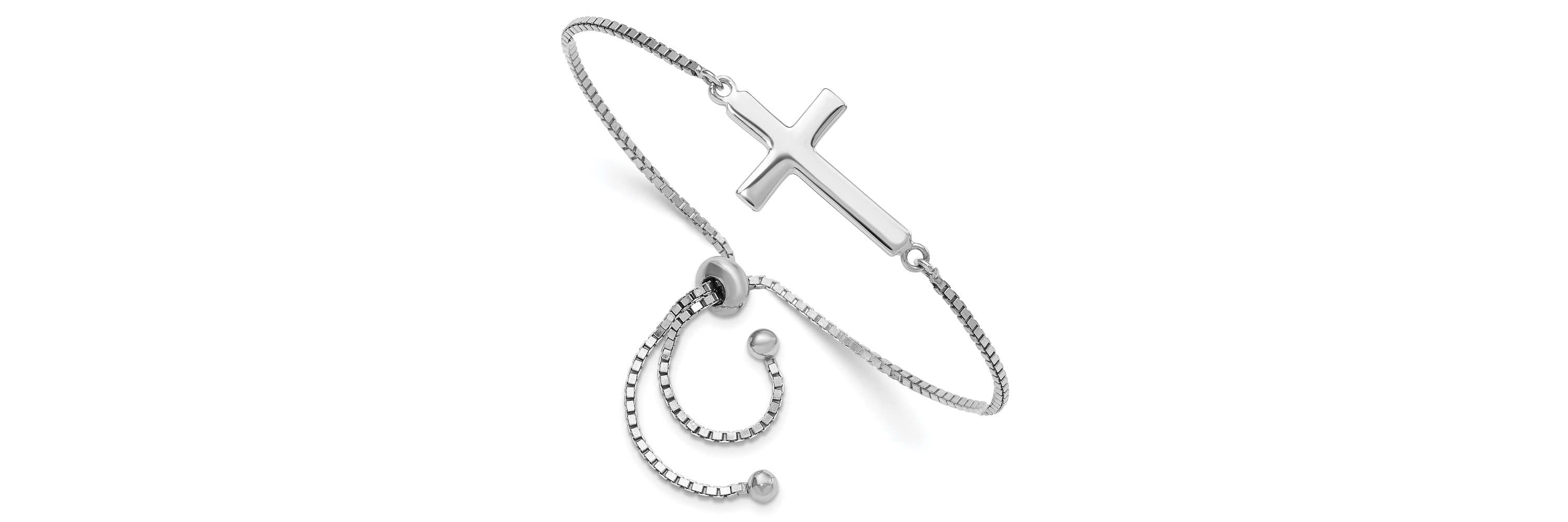 Sterling Silver Rhodium-plated Polished Cross Adjustable Bracelet