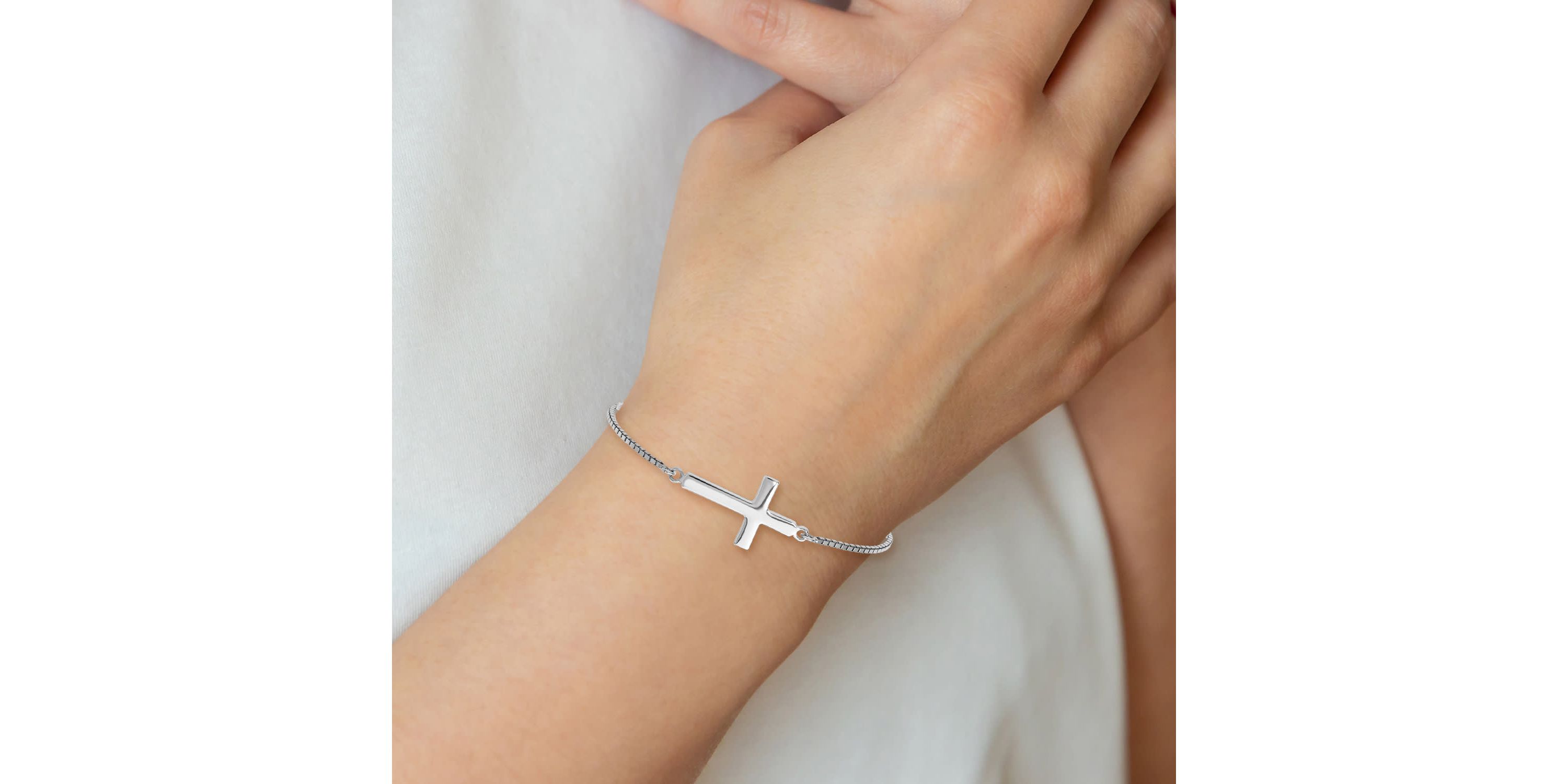 Sterling Silver Rhodium-plated Polished Cross Adjustable Bracelet