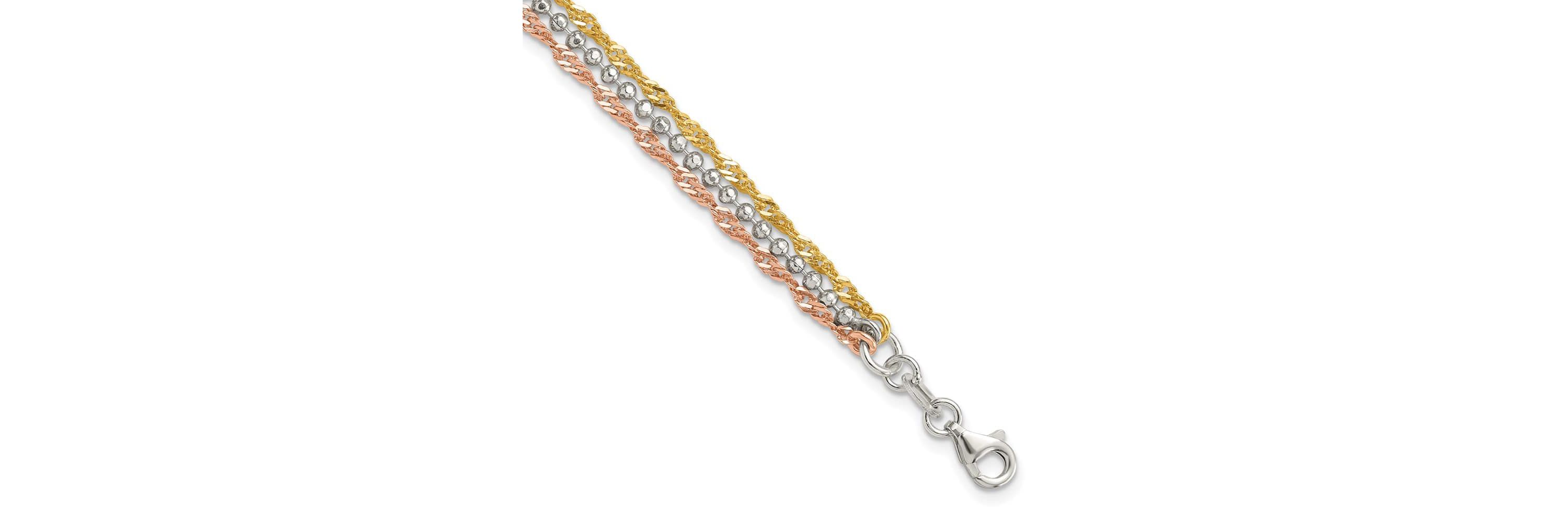 Sterling Silver Gold Tone and Rose Tone 3 Strand 7.5-inch Bracelet