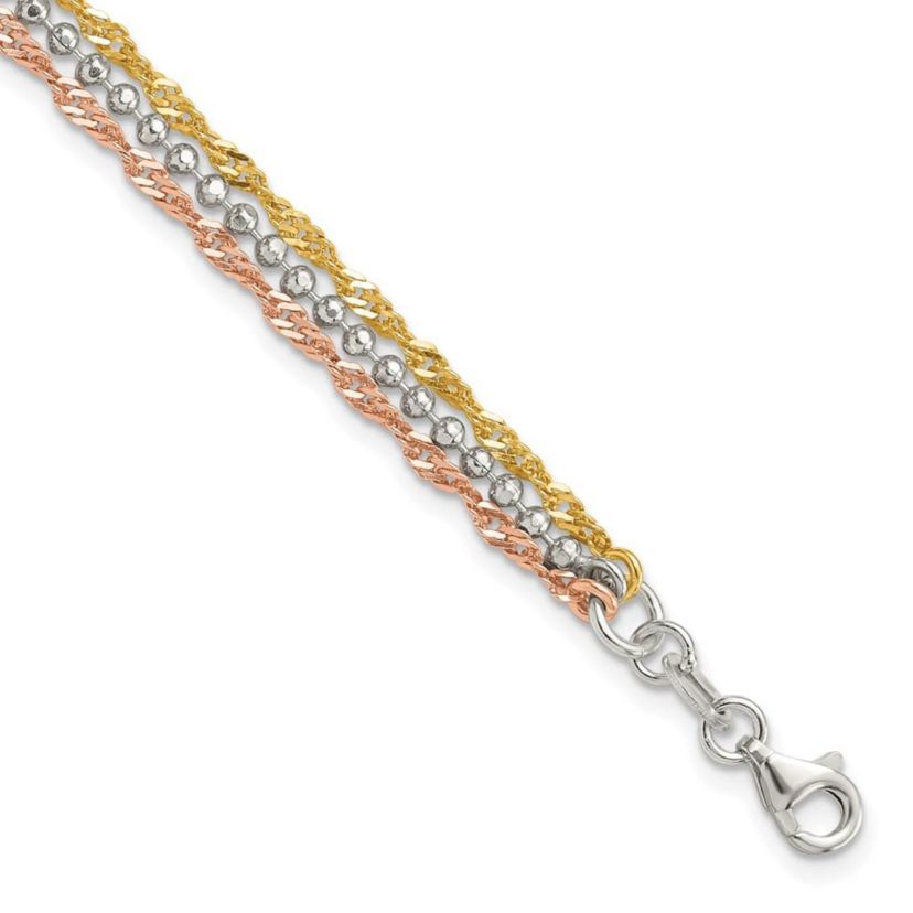Sterling Silver Gold Tone and Rose Tone 3 Strand 7.5-inch Bracelet