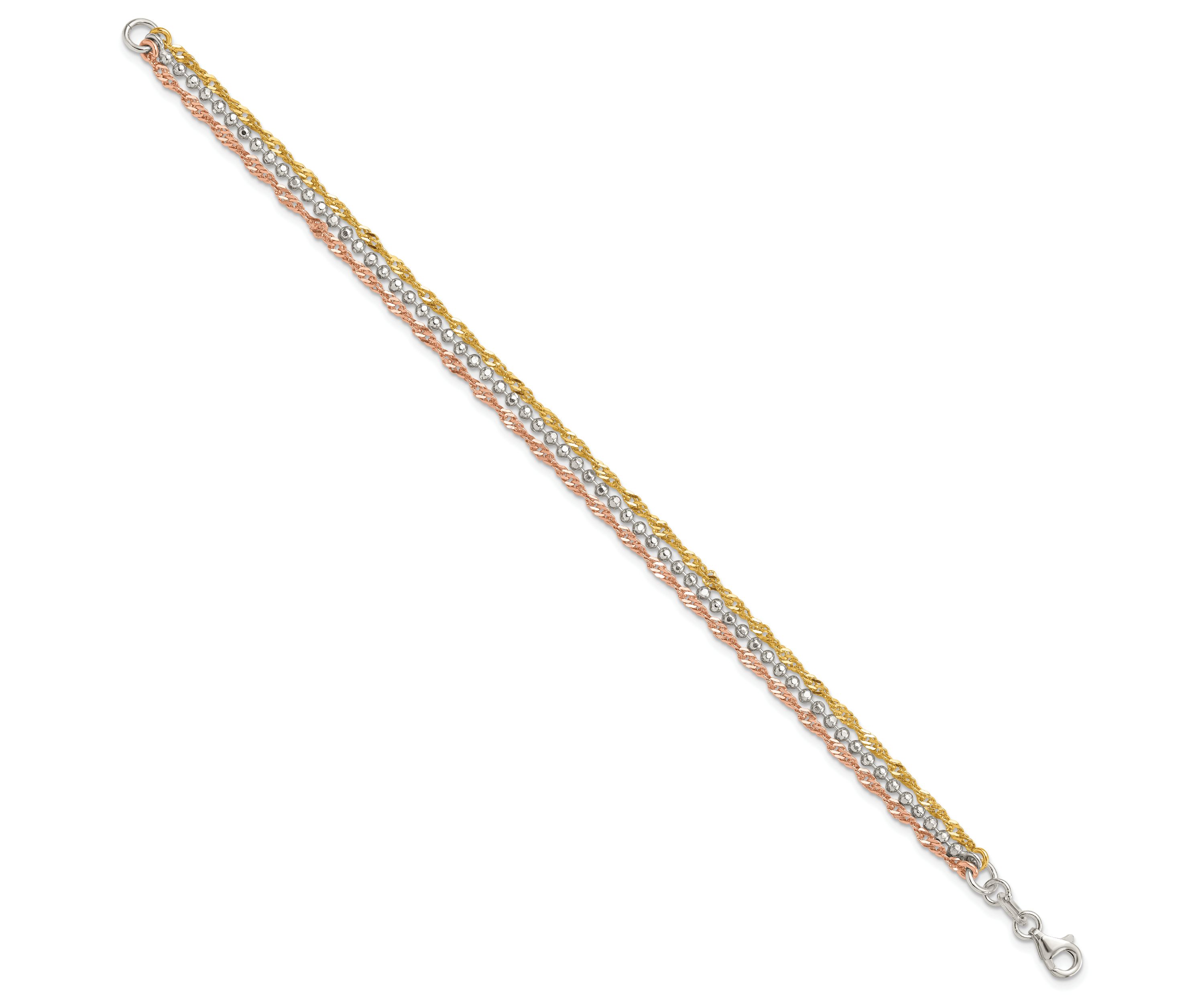 Sterling Silver Gold Tone and Rose Tone 3 Strand 7.5-inch Bracelet