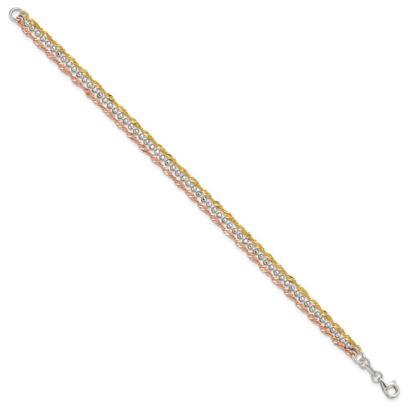 Sterling Silver Gold Tone and Rose Tone 3 Strand 7.5-inch Bracelet