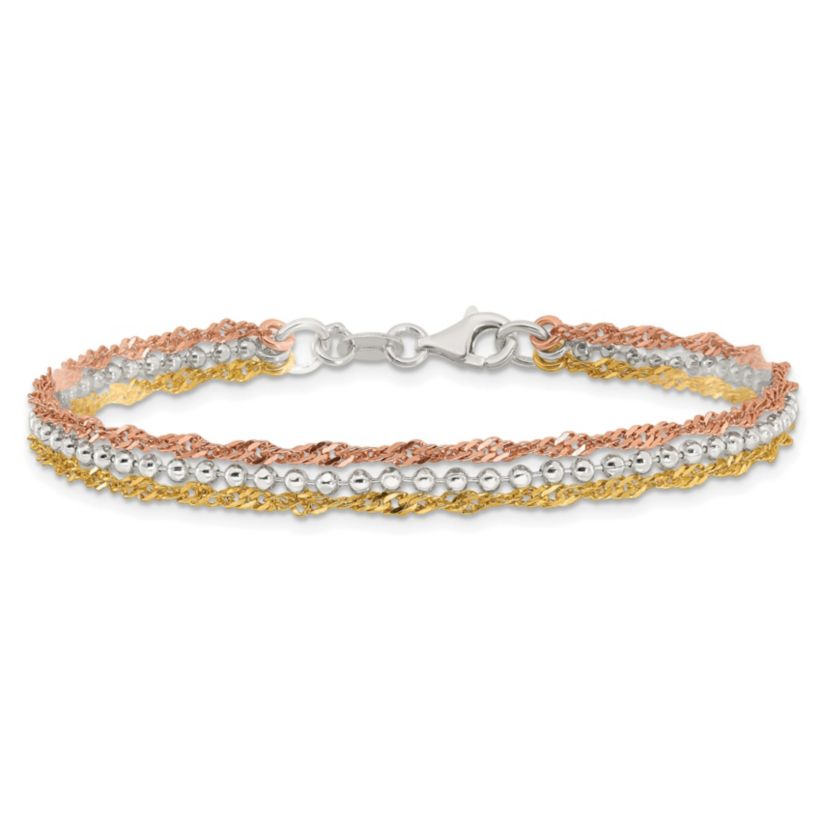 Sterling Silver Gold Tone and Rose Tone 3 Strand 7.5-inch Bracelet