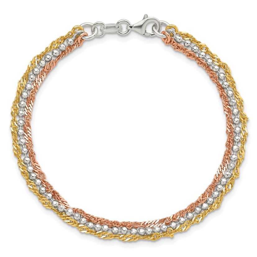 Sterling Silver Gold Tone and Rose Tone 3 Strand 7.5-inch Bracelet