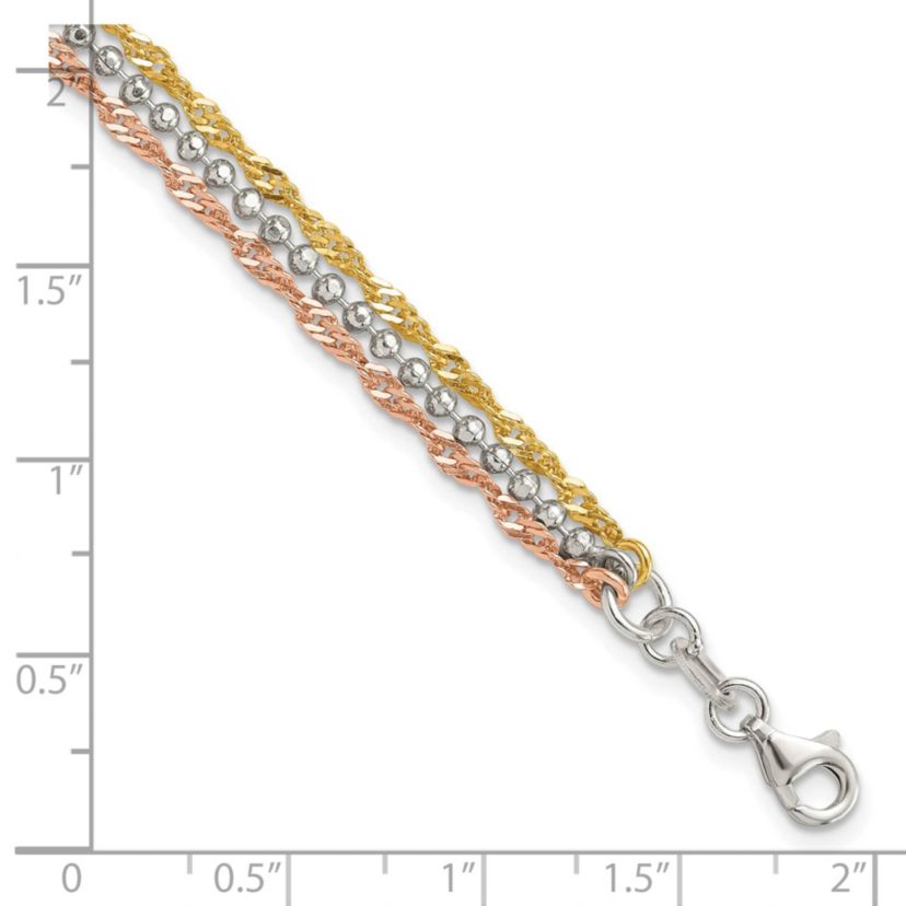 Sterling Silver Gold Tone and Rose Tone 3 Strand 7.5-inch Bracelet