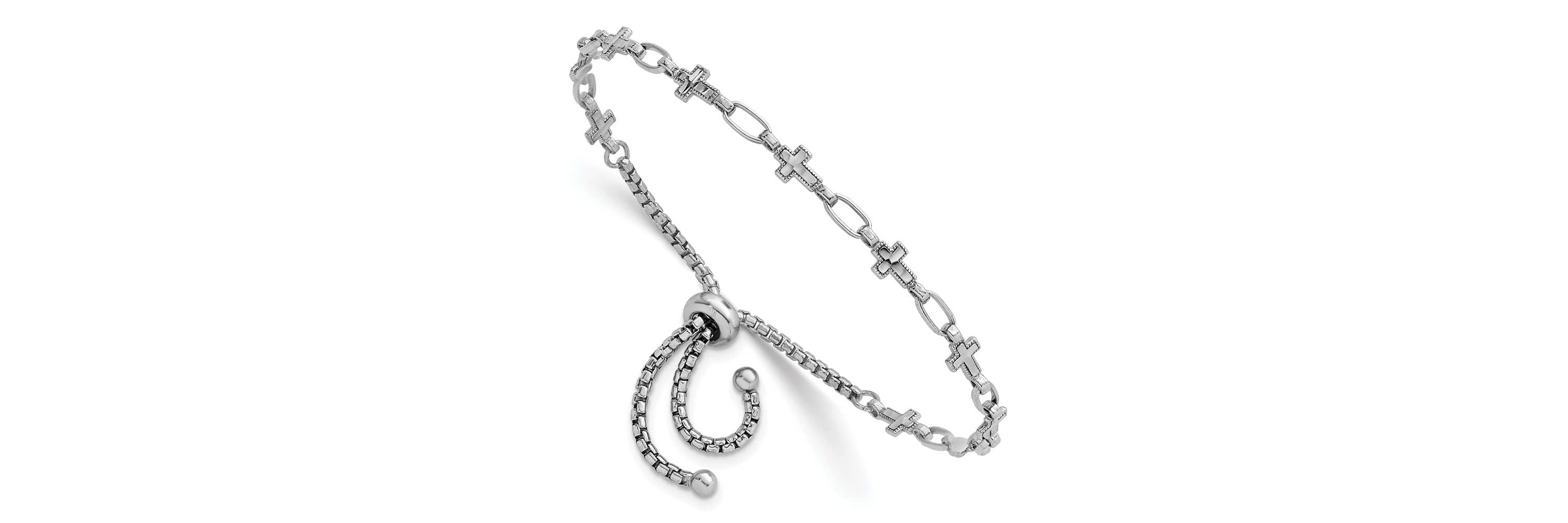 Sterling Silver Rhodium-plated Polished Cross Bolo Bracelet