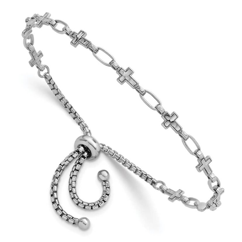 Sterling Silver Rhodium-plated Polished Cross Bolo Bracelet