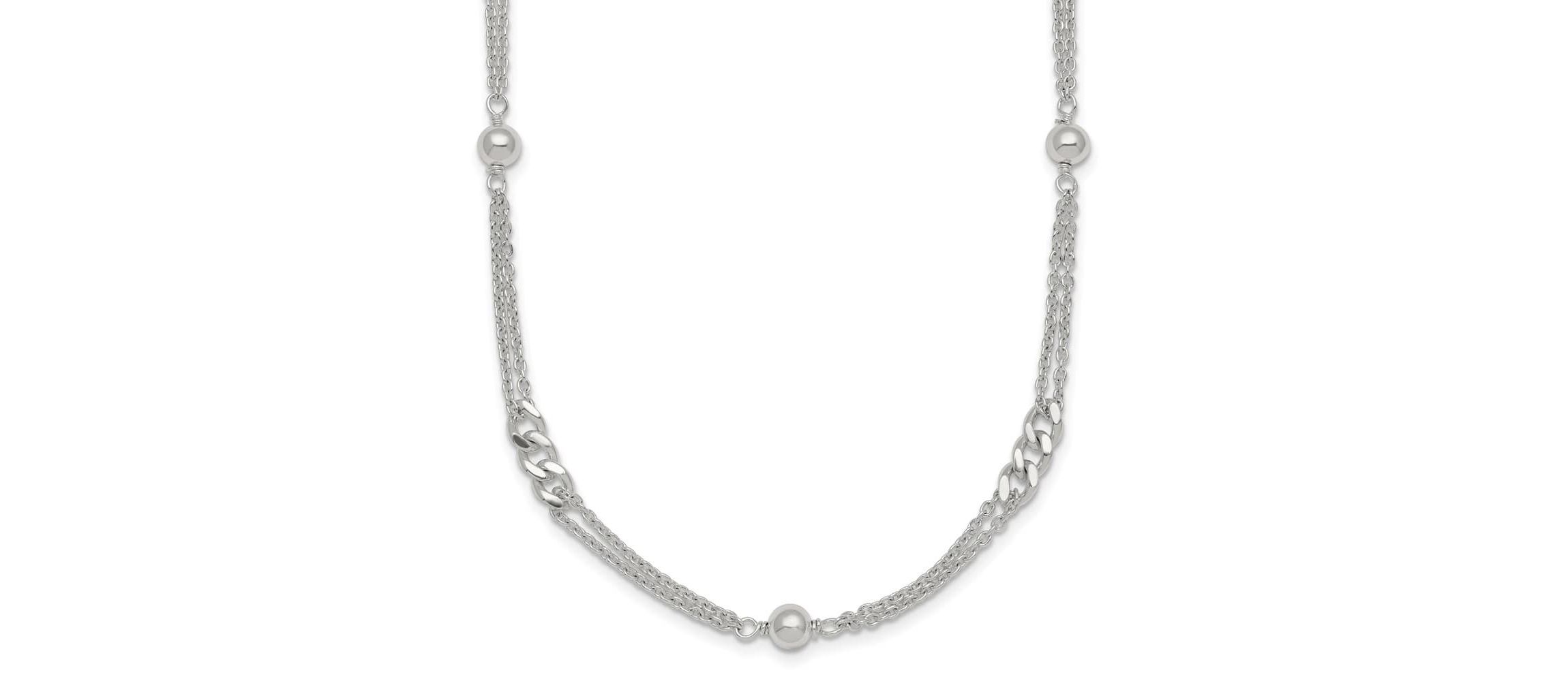 Sterling Silver Polished and Beaded Fancy 2-Strand Link 17.5-inch Necklace