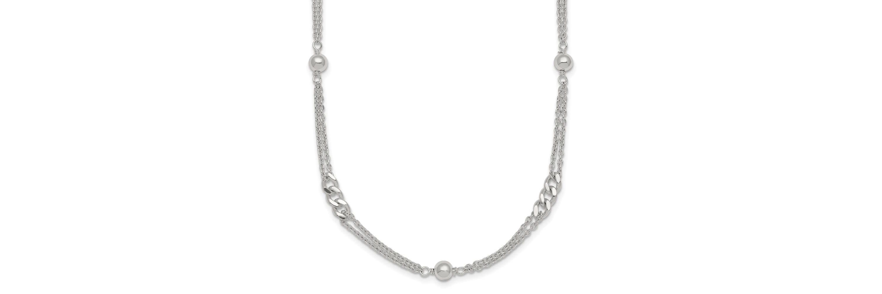 Sterling Silver Polished and Beaded Fancy 2-Strand Link 17.5-inch Necklace