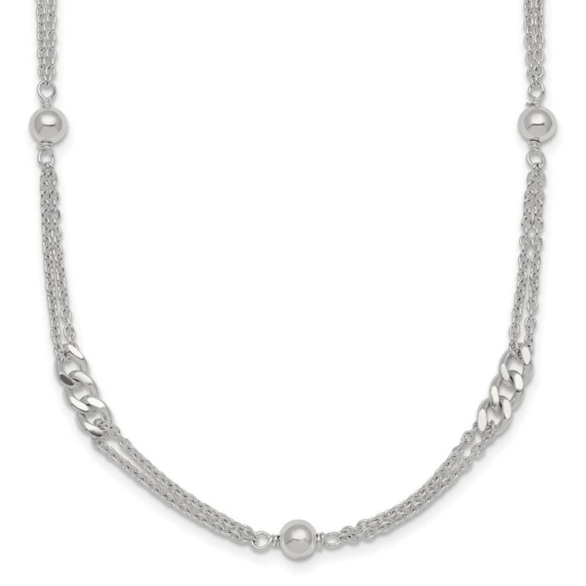 Sterling Silver Polished and Beaded Fancy 2-Strand Link 17.5-inch Necklace