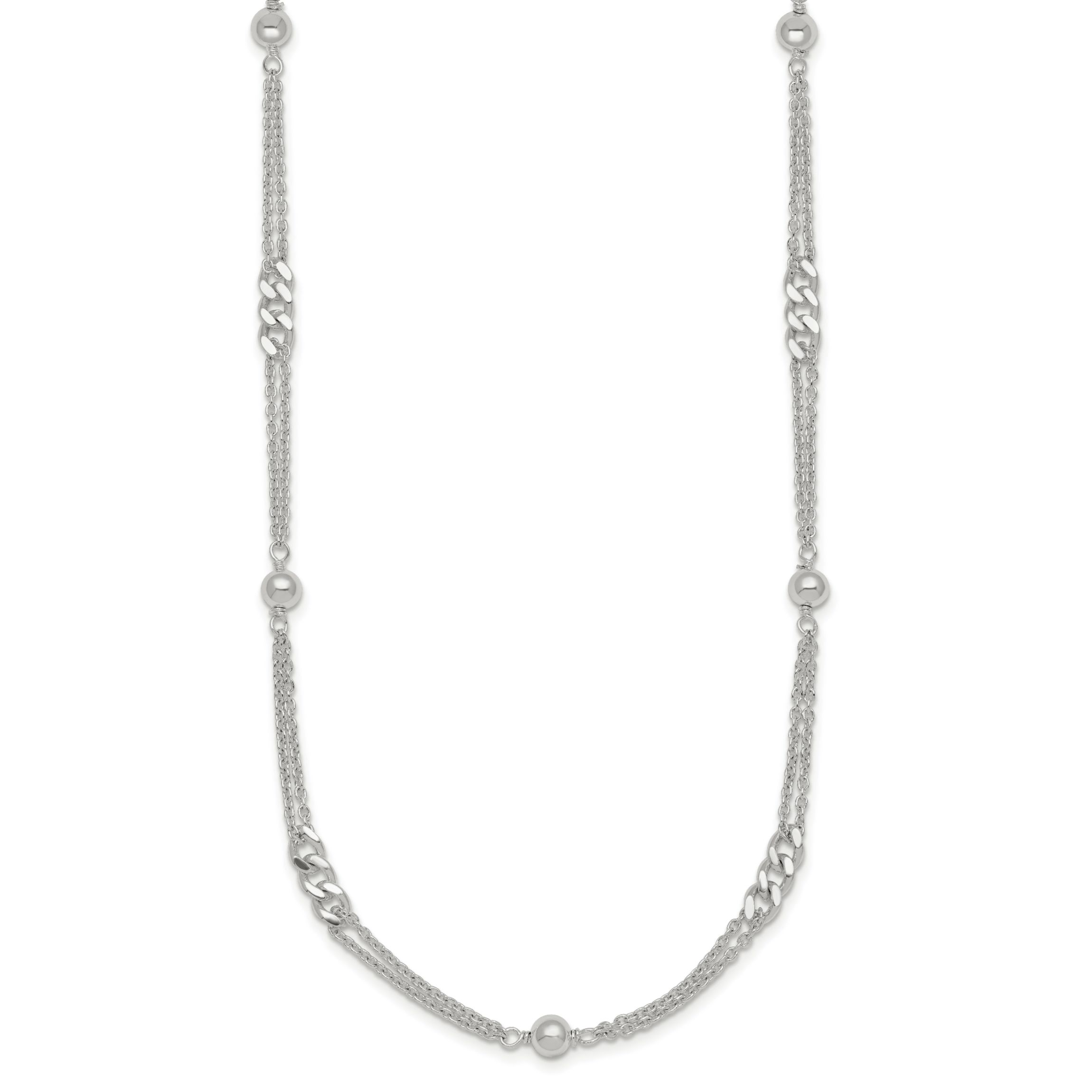 Sterling Silver Polished and Beaded Fancy 2-Strand Link 17.5-inch Necklace