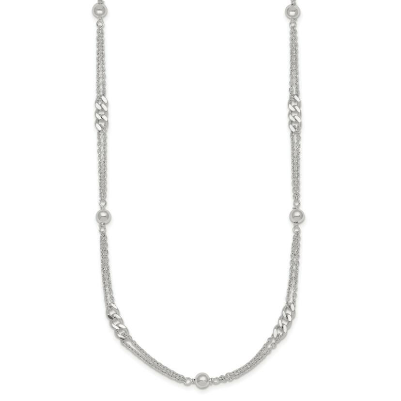 Sterling Silver Polished and Beaded Fancy 2-Strand Link 17.5-inch Necklace
