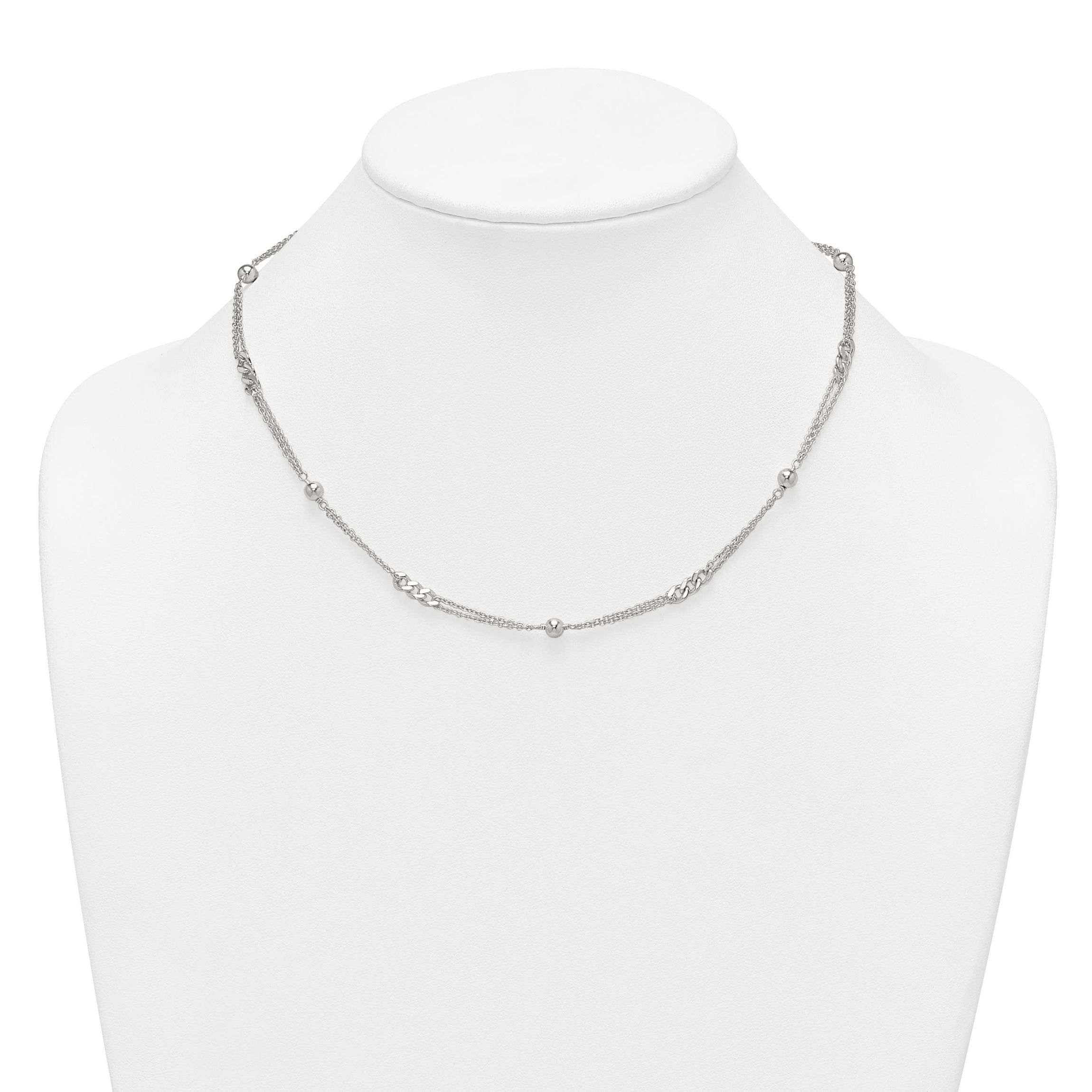 Sterling Silver Polished and Beaded Fancy 2-Strand Link 17.5-inch Necklace
