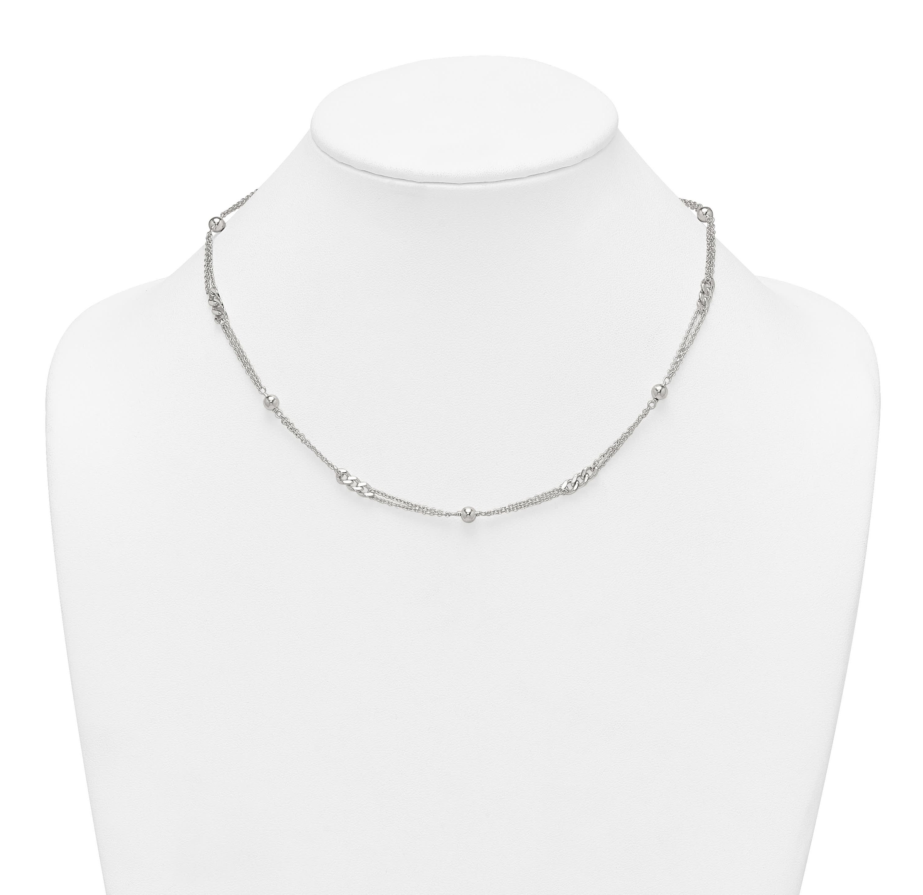 Sterling Silver Polished and Beaded Fancy 2-Strand Link 17.5-inch Necklace
