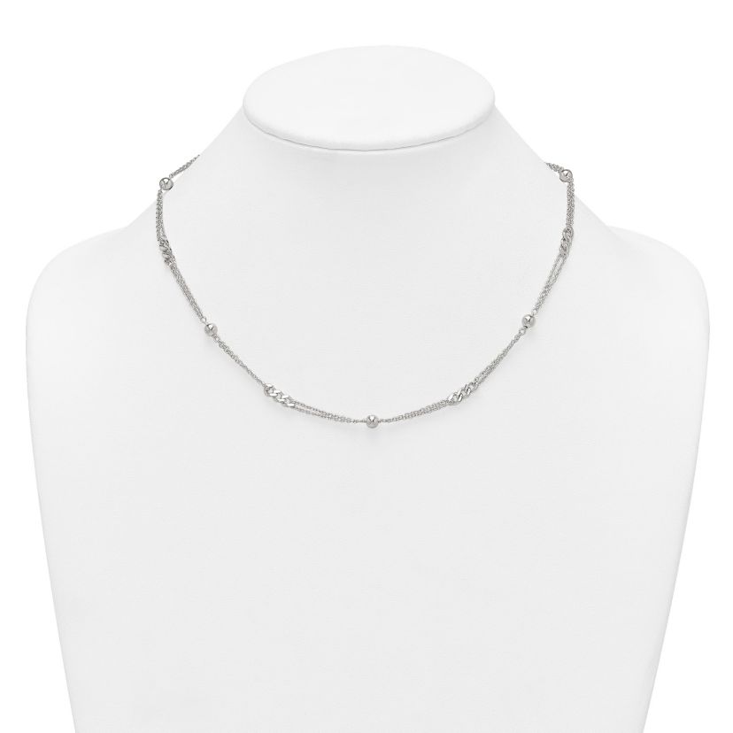 Sterling Silver Polished and Beaded Fancy 2-Strand Link 17.5-inch Necklace