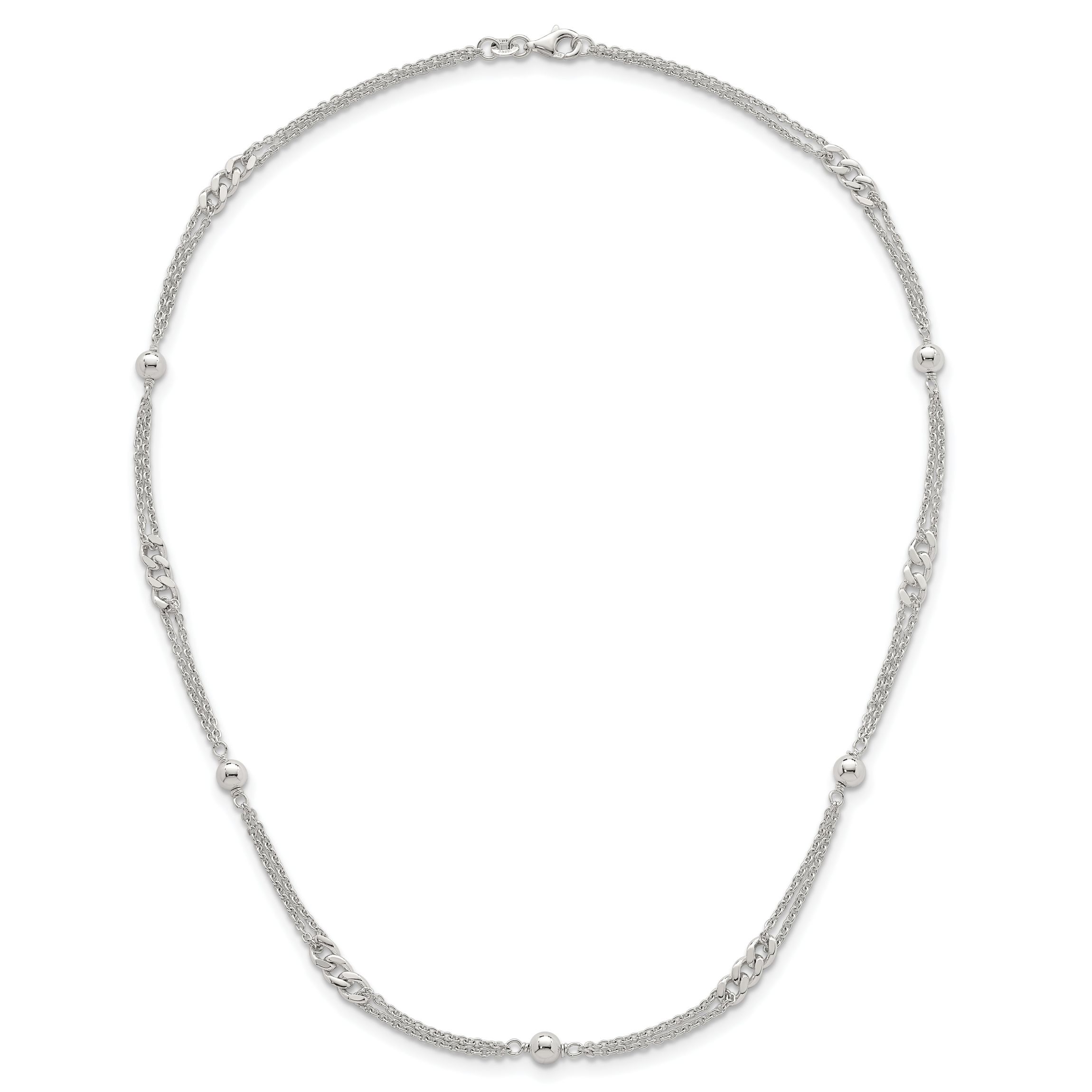 Sterling Silver Polished and Beaded Fancy 2-Strand Link 17.5-inch Necklace