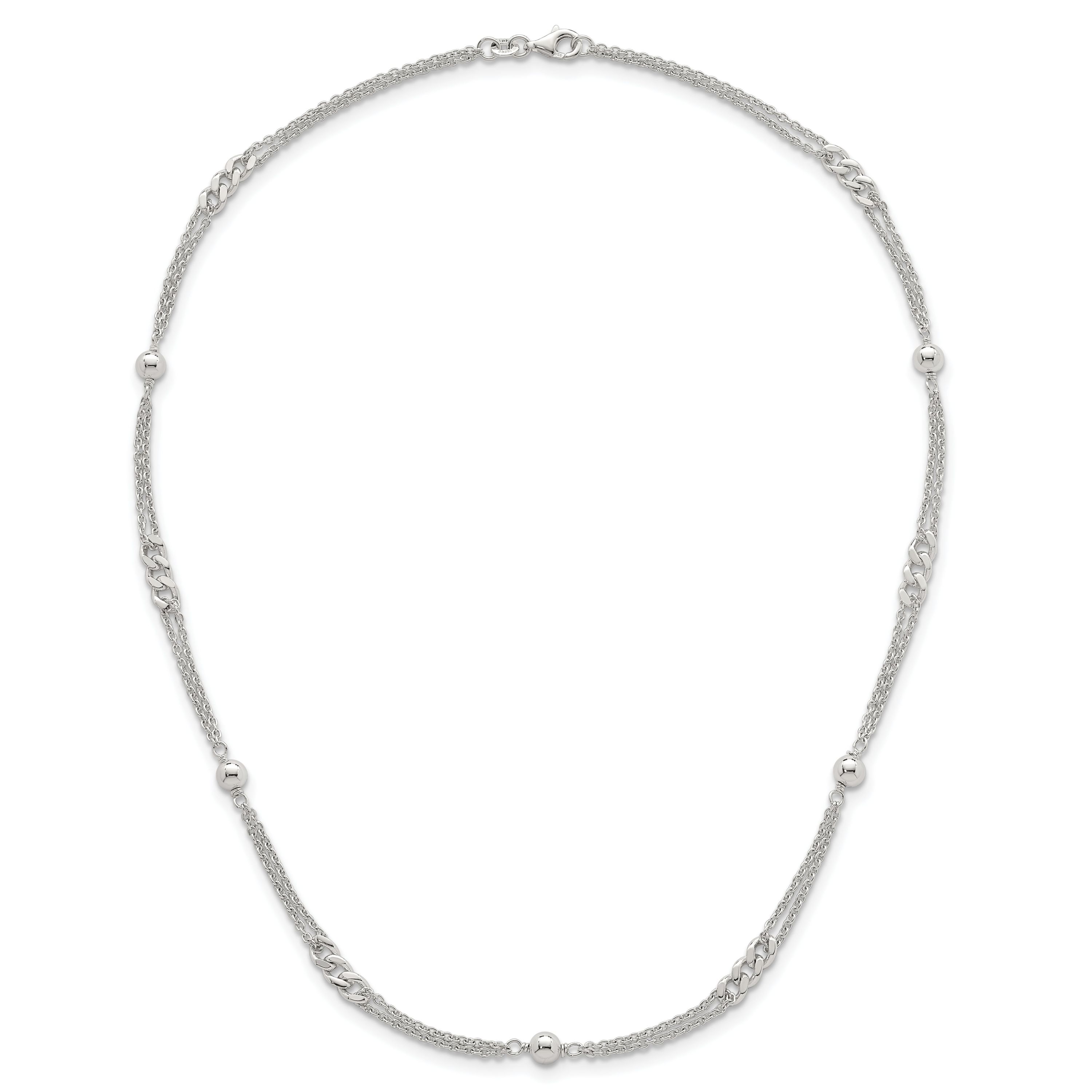 Sterling Silver Polished and Beaded Fancy 2-Strand Link 17.5-inch Necklace