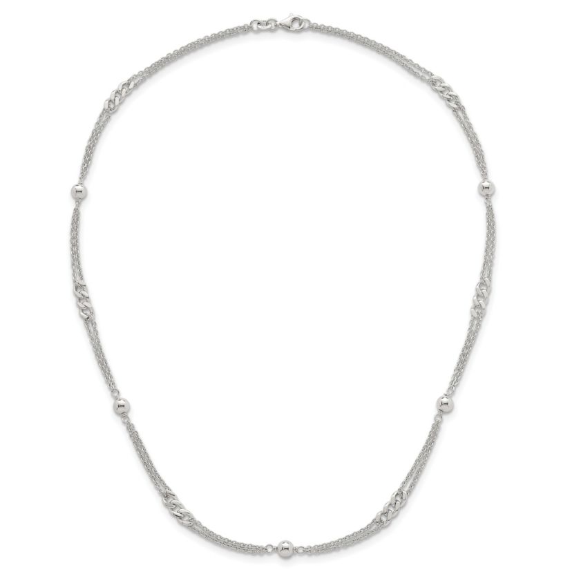 Sterling Silver Polished and Beaded Fancy 2-Strand Link 17.5-inch Necklace