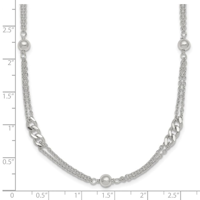 Sterling Silver Polished and Beaded Fancy 2-Strand Link 17.5-inch Necklace
